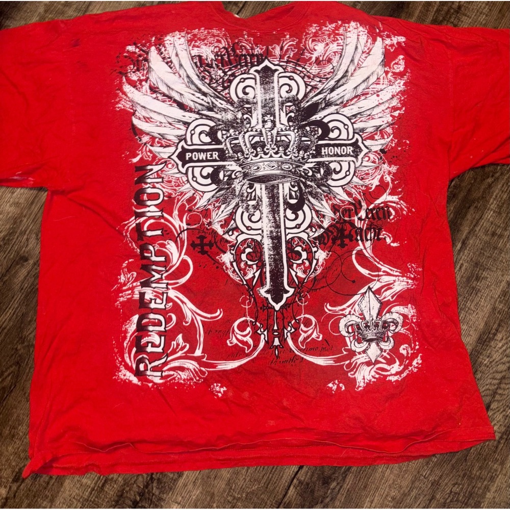 Gildan Redemption Graphic T-Shirt Mens 3XL Tall Red Cross Crown Wings Y2K Goth